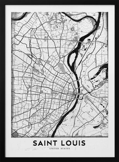 A framed, black and white artistic map of Saint Louis. The map displays a detailed grid of city streets and a prominent, winding river in a stylized, modern design with a slightly distressed texture. The city's name, 'SAINT LOUIS', is printed in a bold, sans-serif font at the bottom. Wall Art