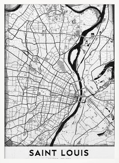 A framed, black and white artistic map of Saint Louis. The map displays a detailed grid of city streets and a prominent, winding river in a stylized, modern design with a slightly distressed texture. The city's name, 'SAINT LOUIS', is printed in a bold, sans-serif font at the bottom. Wall Art
