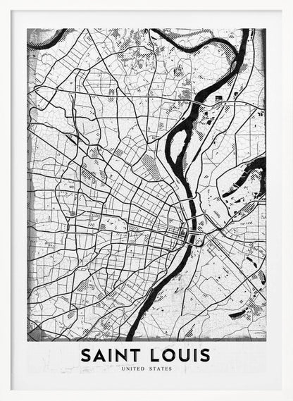 A framed, black and white artistic map of Saint Louis. The map displays a detailed grid of city streets and a prominent, winding river in a stylized, modern design with a slightly distressed texture. The city's name, 'SAINT LOUIS', is printed in a bold, sans-serif font at the bottom. Wall Art