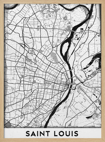 A framed, black and white artistic map of Saint Louis. The map displays a detailed grid of city streets and a prominent, winding river in a stylized, modern design with a slightly distressed texture. The city's name, 'SAINT LOUIS', is printed in a bold, sans-serif font at the bottom. Wall Art