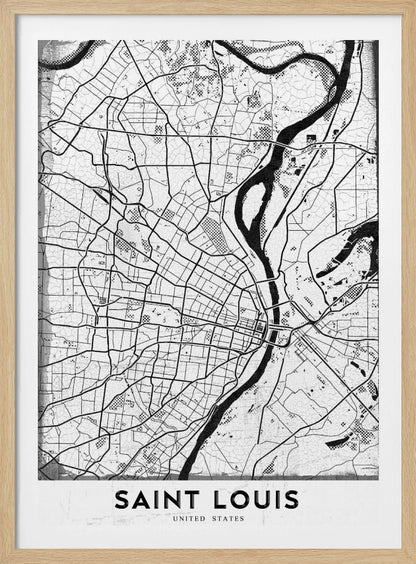 A framed, black and white artistic map of Saint Louis. The map displays a detailed grid of city streets and a prominent, winding river in a stylized, modern design with a slightly distressed texture. The city's name, 'SAINT LOUIS', is printed in a bold, sans-serif font at the bottom. Wall Art