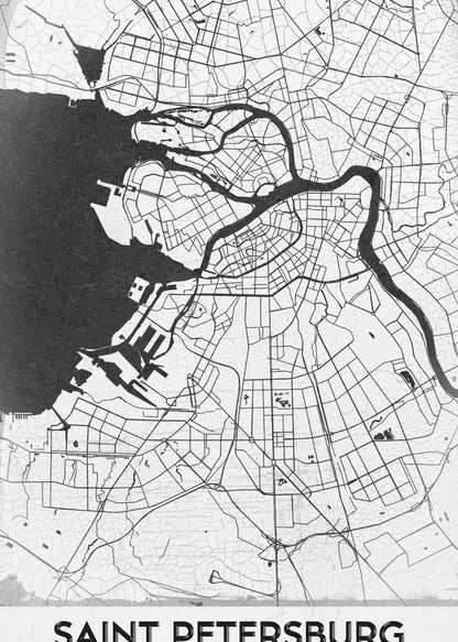 A minimalist black and white framed map of Saint Petersburg. The design features a white landmass with black lines for roads and rivers, contrasting with the solid black sea. The text 'SAINT PETERSBURG' is displayed in a bold, sans-serif font at the bottom of the map. Print