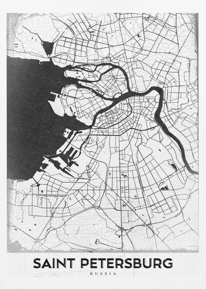 A minimalist black and white framed map of Saint Petersburg. The design features a white landmass with black lines for roads and rivers, contrasting with the solid black sea. The text 'SAINT PETERSBURG' is displayed in a bold, sans-serif font at the bottom of the map. Print