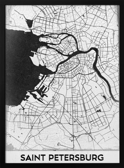 A minimalist black and white framed map of Saint Petersburg. The design features a white landmass with black lines for roads and rivers, contrasting with the solid black sea. The text 'SAINT PETERSBURG' is displayed in a bold, sans-serif font at the bottom of the map. Print