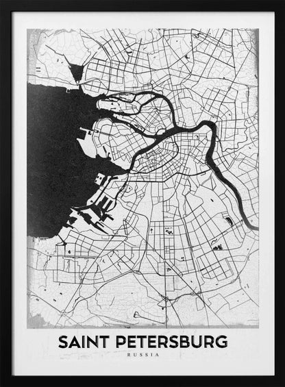 A minimalist black and white framed map of Saint Petersburg. The design features a white landmass with black lines for roads and rivers, contrasting with the solid black sea. The text 'SAINT PETERSBURG' is displayed in a bold, sans-serif font at the bottom of the map. Print
