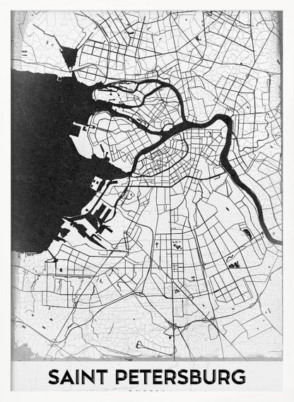 A minimalist black and white framed map of Saint Petersburg. The design features a white landmass with black lines for roads and rivers, contrasting with the solid black sea. The text 'SAINT PETERSBURG' is displayed in a bold, sans-serif font at the bottom of the map. Print