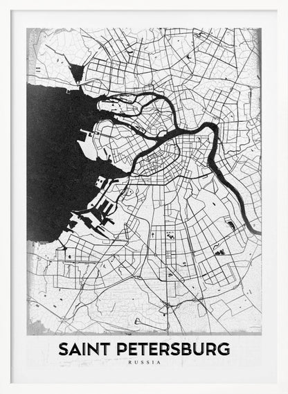 A minimalist black and white framed map of Saint Petersburg. The design features a white landmass with black lines for roads and rivers, contrasting with the solid black sea. The text 'SAINT PETERSBURG' is displayed in a bold, sans-serif font at the bottom of the map. Print