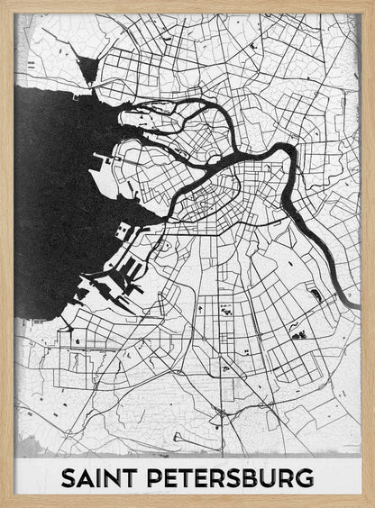 A minimalist black and white framed map of Saint Petersburg. The design features a white landmass with black lines for roads and rivers, contrasting with the solid black sea. The text 'SAINT PETERSBURG' is displayed in a bold, sans-serif font at the bottom of the map. Print