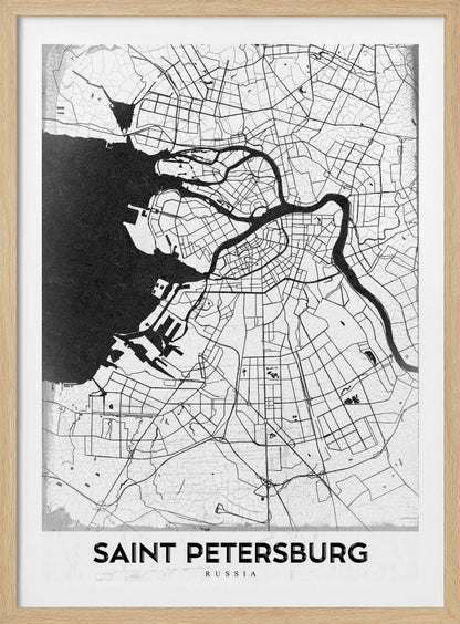 A minimalist black and white framed map of Saint Petersburg. The design features a white landmass with black lines for roads and rivers, contrasting with the solid black sea. The text 'SAINT PETERSBURG' is displayed in a bold, sans-serif font at the bottom of the map. Print