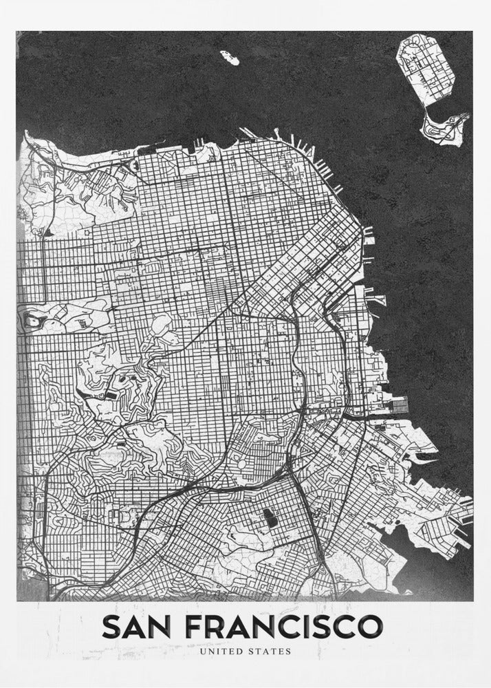 A minimalist black and white art print of a San Francisco city map. The street grid and landmass are depicted in white with fine black lines, set against a solid black background representing the water. A black frame surrounds the map, and a white banner at the bottom displays the text 'SAN FRANCISCO' in a bold, black font. Wall Art