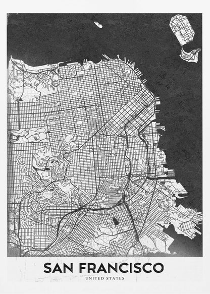 A minimalist black and white art print of a San Francisco city map. The street grid and landmass are depicted in white with fine black lines, set against a solid black background representing the water. A black frame surrounds the map, and a white banner at the bottom displays the text 'SAN FRANCISCO' in a bold, black font. Wall Art