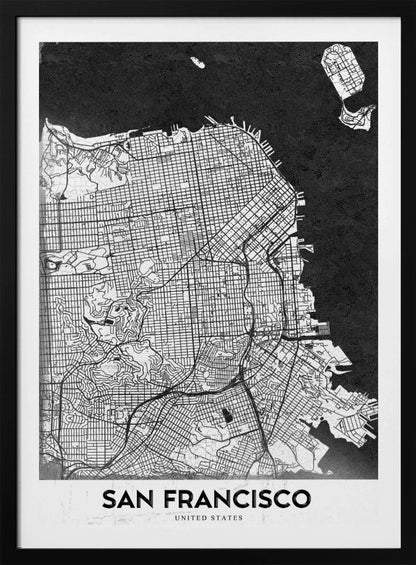 A minimalist black and white art print of a San Francisco city map. The street grid and landmass are depicted in white with fine black lines, set against a solid black background representing the water. A black frame surrounds the map, and a white banner at the bottom displays the text 'SAN FRANCISCO' in a bold, black font. Wall Art
