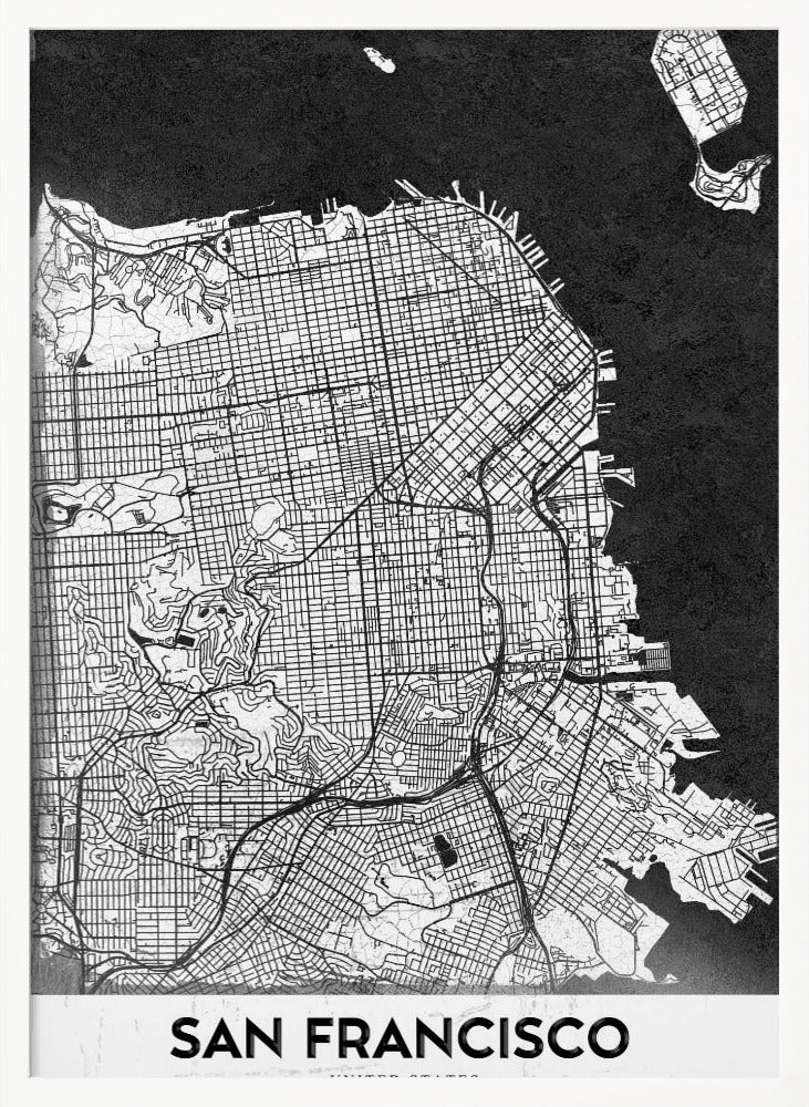 A minimalist black and white art print of a San Francisco city map. The street grid and landmass are depicted in white with fine black lines, set against a solid black background representing the water. A black frame surrounds the map, and a white banner at the bottom displays the text 'SAN FRANCISCO' in a bold, black font. Wall Art