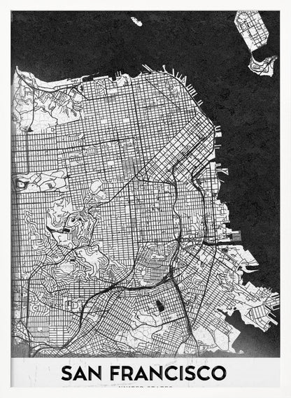 A minimalist black and white art print of a San Francisco city map. The street grid and landmass are depicted in white with fine black lines, set against a solid black background representing the water. A black frame surrounds the map, and a white banner at the bottom displays the text 'SAN FRANCISCO' in a bold, black font. Wall Art
