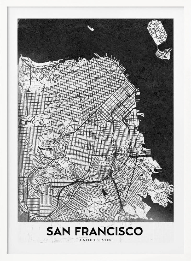 A minimalist black and white art print of a San Francisco city map. The street grid and landmass are depicted in white with fine black lines, set against a solid black background representing the water. A black frame surrounds the map, and a white banner at the bottom displays the text 'SAN FRANCISCO' in a bold, black font. Wall Art