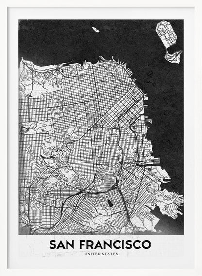A minimalist black and white art print of a San Francisco city map. The street grid and landmass are depicted in white with fine black lines, set against a solid black background representing the water. A black frame surrounds the map, and a white banner at the bottom displays the text 'SAN FRANCISCO' in a bold, black font. Wall Art