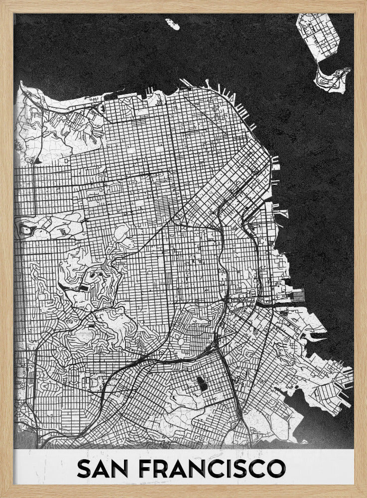 A minimalist black and white art print of a San Francisco city map. The street grid and landmass are depicted in white with fine black lines, set against a solid black background representing the water. A black frame surrounds the map, and a white banner at the bottom displays the text 'SAN FRANCISCO' in a bold, black font. Wall Art