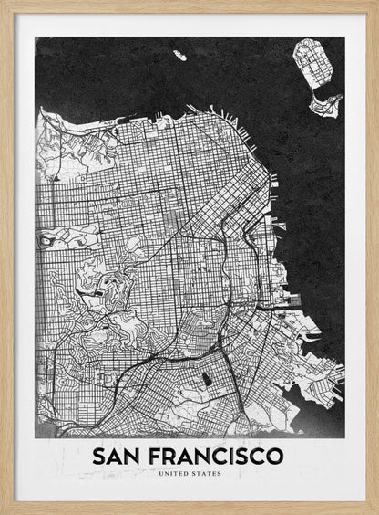 A minimalist black and white art print of a San Francisco city map. The street grid and landmass are depicted in white with fine black lines, set against a solid black background representing the water. A black frame surrounds the map, and a white banner at the bottom displays the text 'SAN FRANCISCO' in a bold, black font. Wall Art