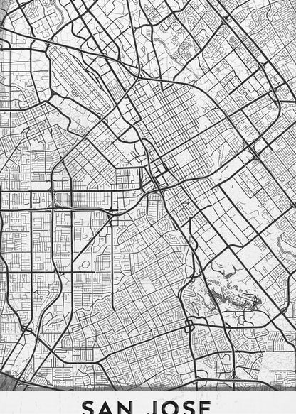 A minimalist black and white street map of San Jose, California, presented as a framed poster. The map details the city's grid, highways, and roads in black lines on a slightly textured white background. The text 'SAN JOSE' is written in a bold, black, sans-serif font at the bottom. Wall Art