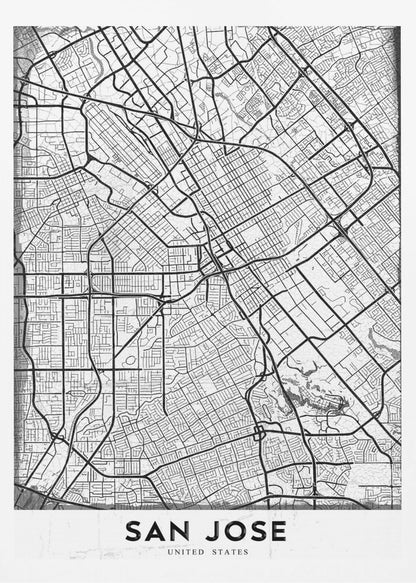A minimalist black and white street map of San Jose, California, presented as a framed poster. The map details the city's grid, highways, and roads in black lines on a slightly textured white background. The text 'SAN JOSE' is written in a bold, black, sans-serif font at the bottom. Wall Art
