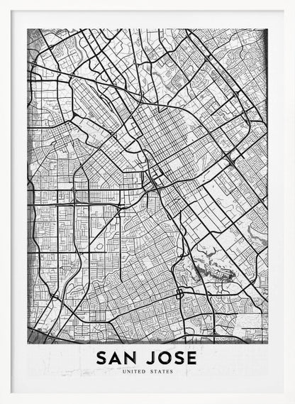 A minimalist black and white street map of San Jose, California, presented as a framed poster. The map details the city's grid, highways, and roads in black lines on a slightly textured white background. The text 'SAN JOSE' is written in a bold, black, sans-serif font at the bottom. Wall Art