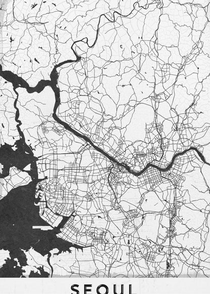 A minimalist black and white map of Seoul, South Korea, showing the city's intricate network of roads and the Han River. The map is presented in a modern, artistic style with a simple black frame and the word 'SEOUL' in bold capital letters at the bottom. Decor