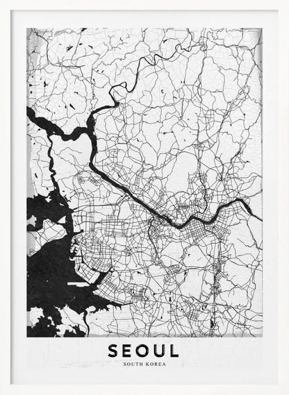 A minimalist black and white map of Seoul, South Korea, showing the city's intricate network of roads and the Han River. The map is presented in a modern, artistic style with a simple black frame and the word 'SEOUL' in bold capital letters at the bottom. Decor
