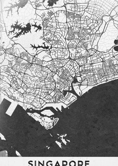 A framed, minimalist black and white art print of a map of Singapore. The land and road network are depicted in white with intricate black lines, while the surrounding water is a solid, textured black. At the bottom, the word 'SINGAPORE' is printed in black capital letters on a white banner. Decor