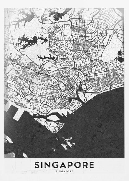 A framed, minimalist black and white art print of a map of Singapore. The land and road network are depicted in white with intricate black lines, while the surrounding water is a solid, textured black. At the bottom, the word 'SINGAPORE' is printed in black capital letters on a white banner. Decor