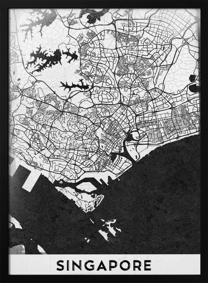 A framed, minimalist black and white art print of a map of Singapore. The land and road network are depicted in white with intricate black lines, while the surrounding water is a solid, textured black. At the bottom, the word 'SINGAPORE' is printed in black capital letters on a white banner. Decor