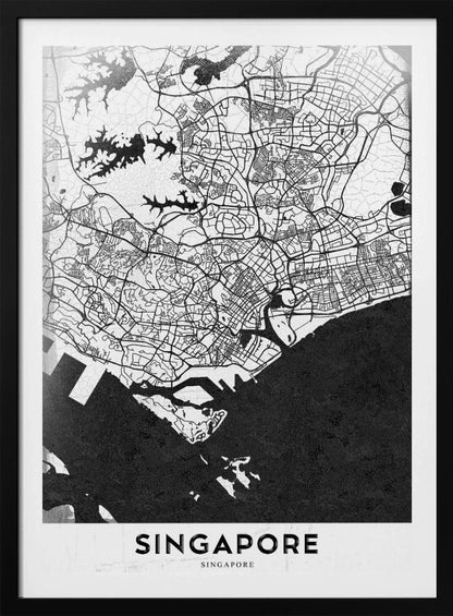 A framed, minimalist black and white art print of a map of Singapore. The land and road network are depicted in white with intricate black lines, while the surrounding water is a solid, textured black. At the bottom, the word 'SINGAPORE' is printed in black capital letters on a white banner. Decor