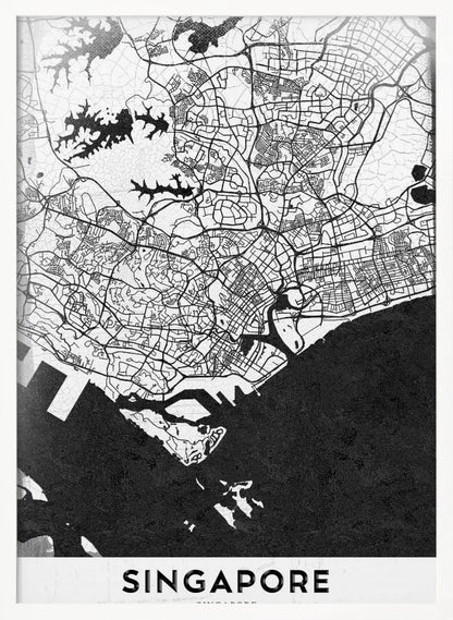A framed, minimalist black and white art print of a map of Singapore. The land and road network are depicted in white with intricate black lines, while the surrounding water is a solid, textured black. At the bottom, the word 'SINGAPORE' is printed in black capital letters on a white banner. Decor