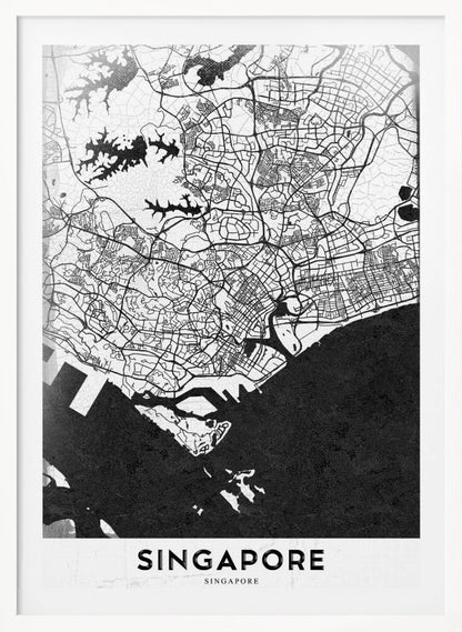 A framed, minimalist black and white art print of a map of Singapore. The land and road network are depicted in white with intricate black lines, while the surrounding water is a solid, textured black. At the bottom, the word 'SINGAPORE' is printed in black capital letters on a white banner. Decor
