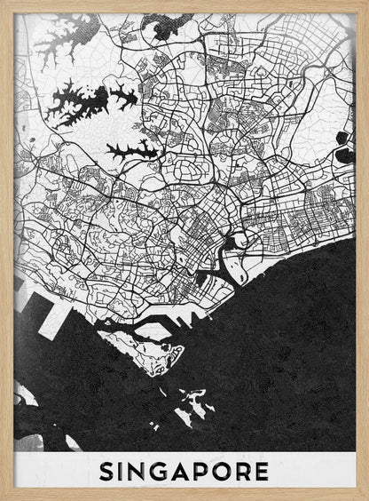 A framed, minimalist black and white art print of a map of Singapore. The land and road network are depicted in white with intricate black lines, while the surrounding water is a solid, textured black. At the bottom, the word 'SINGAPORE' is printed in black capital letters on a white banner. Decor