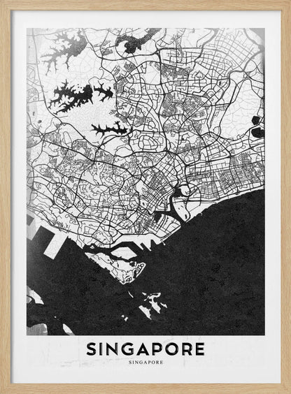 A framed, minimalist black and white art print of a map of Singapore. The land and road network are depicted in white with intricate black lines, while the surrounding water is a solid, textured black. At the bottom, the word 'SINGAPORE' is printed in black capital letters on a white banner. Decor