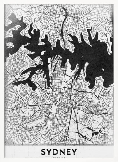 A modern black and white framed art print of a city map of Sydney, Australia. The water bodies are shown in solid textured black, while the land is depicted with a detailed white street grid. At the bottom, the word 'SYDNEY' is printed in bold capital letters. Poster