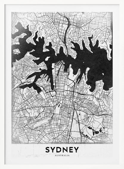 A modern black and white framed art print of a city map of Sydney, Australia. The water bodies are shown in solid textured black, while the land is depicted with a detailed white street grid. At the bottom, the word 'SYDNEY' is printed in bold capital letters. Poster