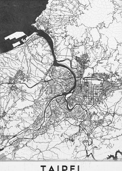 A minimalist black and white map of Taipei, Taiwan, styled as a poster. The intricate network of roads and rivers is rendered in thin black lines on a white background, with the ocean shown in solid black. The word 'TAIPEI' is printed in large, bold capital letters at the bottom. The entire map is enclosed within a thin black frame. Print