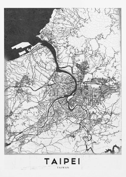 A minimalist black and white map of Taipei, Taiwan, styled as a poster. The intricate network of roads and rivers is rendered in thin black lines on a white background, with the ocean shown in solid black. The word 'TAIPEI' is printed in large, bold capital letters at the bottom. The entire map is enclosed within a thin black frame. Print