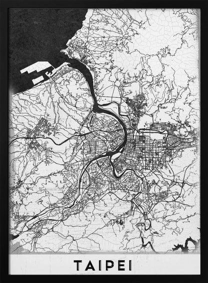 A minimalist black and white map of Taipei, Taiwan, styled as a poster. The intricate network of roads and rivers is rendered in thin black lines on a white background, with the ocean shown in solid black. The word 'TAIPEI' is printed in large, bold capital letters at the bottom. The entire map is enclosed within a thin black frame. Print