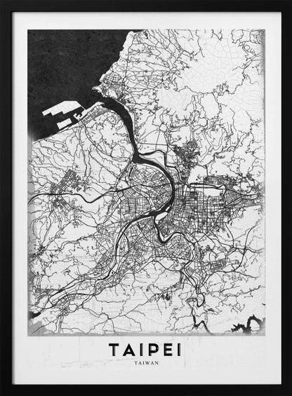 A minimalist black and white map of Taipei, Taiwan, styled as a poster. The intricate network of roads and rivers is rendered in thin black lines on a white background, with the ocean shown in solid black. The word 'TAIPEI' is printed in large, bold capital letters at the bottom. The entire map is enclosed within a thin black frame. Print
