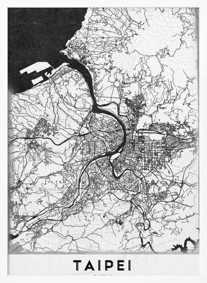 A minimalist black and white map of Taipei, Taiwan, styled as a poster. The intricate network of roads and rivers is rendered in thin black lines on a white background, with the ocean shown in solid black. The word 'TAIPEI' is printed in large, bold capital letters at the bottom. The entire map is enclosed within a thin black frame. Print