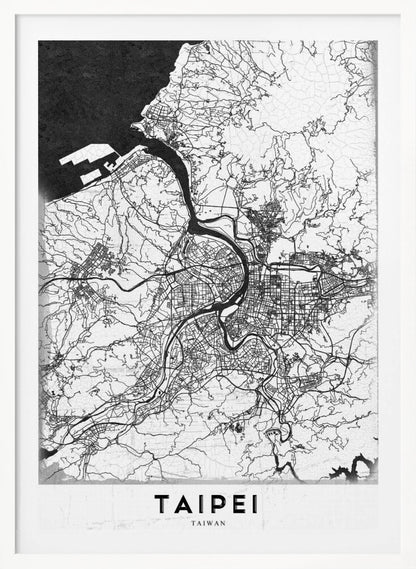 A minimalist black and white map of Taipei, Taiwan, styled as a poster. The intricate network of roads and rivers is rendered in thin black lines on a white background, with the ocean shown in solid black. The word 'TAIPEI' is printed in large, bold capital letters at the bottom. The entire map is enclosed within a thin black frame. Print