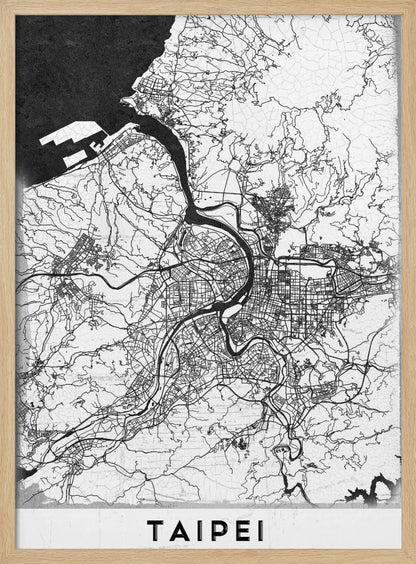 A minimalist black and white map of Taipei, Taiwan, styled as a poster. The intricate network of roads and rivers is rendered in thin black lines on a white background, with the ocean shown in solid black. The word 'TAIPEI' is printed in large, bold capital letters at the bottom. The entire map is enclosed within a thin black frame. Print