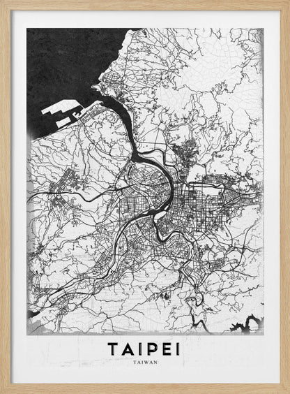 A minimalist black and white map of Taipei, Taiwan, styled as a poster. The intricate network of roads and rivers is rendered in thin black lines on a white background, with the ocean shown in solid black. The word 'TAIPEI' is printed in large, bold capital letters at the bottom. The entire map is enclosed within a thin black frame. Print