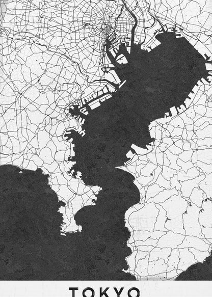 A minimalist black and white map of Tokyo, Japan, in a black frame. The map shows the city's road network in thin black lines on a white background, while Tokyo Bay and other water bodies are depicted in solid black. A white banner at the bottom contains the word 'TOKYO' in a clean, sans-serif font. Wall Art