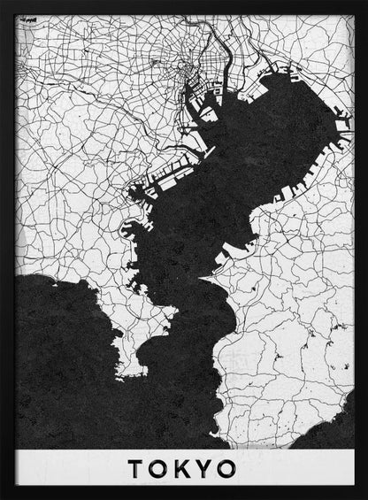 A minimalist black and white map of Tokyo, Japan, in a black frame. The map shows the city's road network in thin black lines on a white background, while Tokyo Bay and other water bodies are depicted in solid black. A white banner at the bottom contains the word 'TOKYO' in a clean, sans-serif font. Wall Art