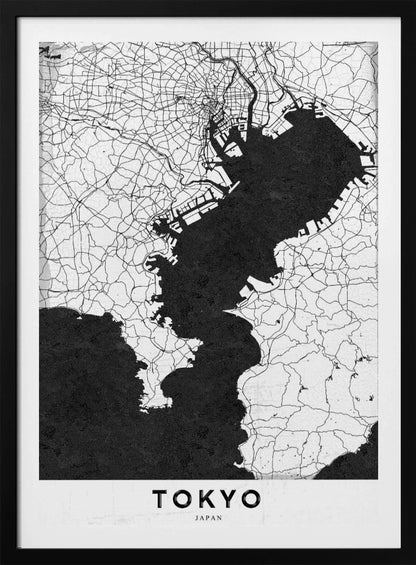 A minimalist black and white map of Tokyo, Japan, in a black frame. The map shows the city's road network in thin black lines on a white background, while Tokyo Bay and other water bodies are depicted in solid black. A white banner at the bottom contains the word 'TOKYO' in a clean, sans-serif font. Wall Art
