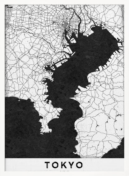 A minimalist black and white map of Tokyo, Japan, in a black frame. The map shows the city's road network in thin black lines on a white background, while Tokyo Bay and other water bodies are depicted in solid black. A white banner at the bottom contains the word 'TOKYO' in a clean, sans-serif font. Wall Art