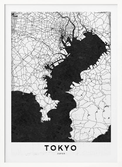 A minimalist black and white map of Tokyo, Japan, in a black frame. The map shows the city's road network in thin black lines on a white background, while Tokyo Bay and other water bodies are depicted in solid black. A white banner at the bottom contains the word 'TOKYO' in a clean, sans-serif font. Wall Art